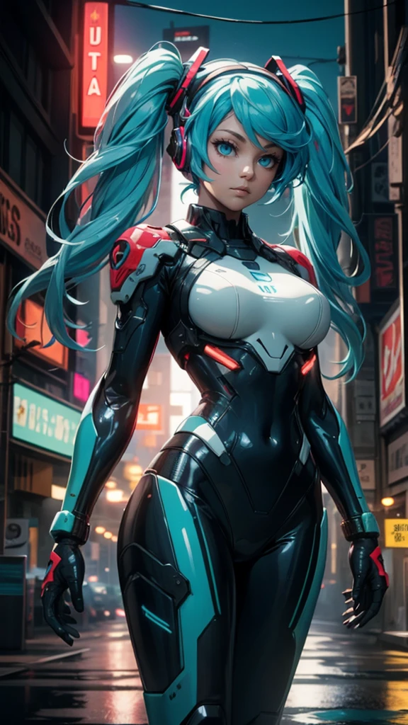 ((Highest quality))、(masterpiece)、Hatsune Miku VOCALOID、(Twin tails)、Light blue hair、Water-colored pupils、cyber punk、Ultimate Physical Beauty、Big Ass、(Big Breasts)、Bodysuits、Sexy pose、12-year-old girl has electronic visor fitted to her face、red latex body、Cyberpunk mode、(Light blue hair:1.4),Breast enlargement、Neon lights in the dark city at night,Unreal Engine:1.4,Ultra-high resolution,La highest quality:1.4, Realistic:1.4, Skin Texture:1.4, masterpiece:1.8,masterpiece, highest quality,(Beautifully detailed eye depiction)