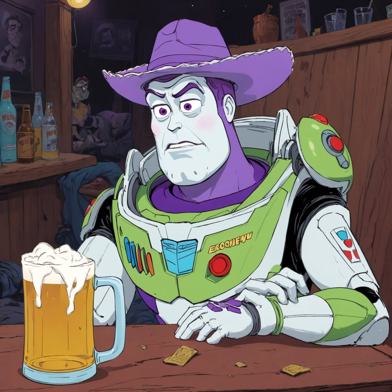 A rotoscoped hand animated cel of a screengrab of buzz lightyear, haggard, seen better days, washed up, drinking an amber beer from a frosty glass mug somberly alone at a dive bar. The scene is set in a dilapidated run down night club, and the image conveys a mix of tragic, despair, hilarious, silly, haunting, unsettling, and overwhelming dread emotions. The image is too real and harsh. Buzz is wearing an adorable tiny purple cowboy hat tied down under his chin.
