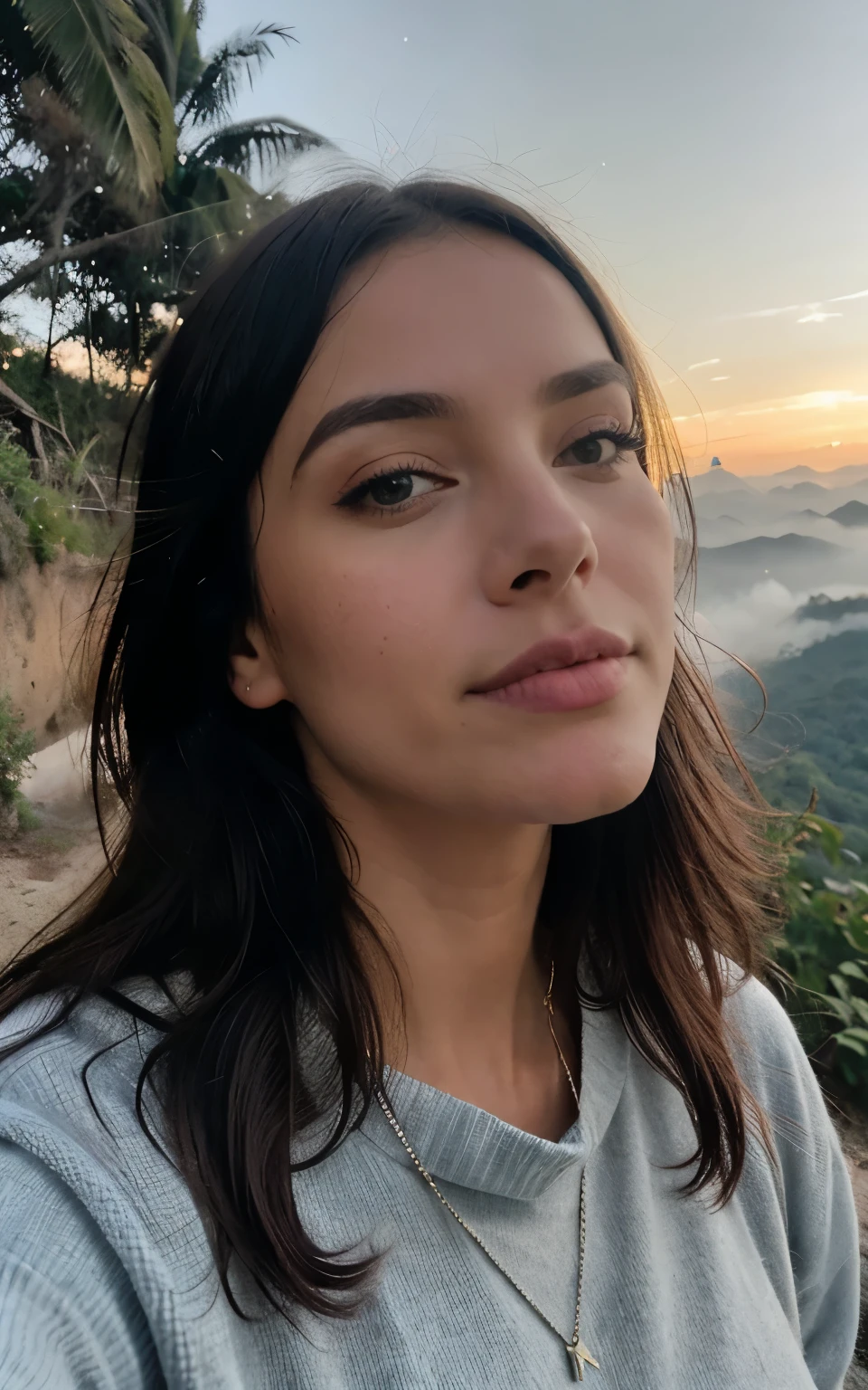 fotorrealista, melhor qualidade, hiper detalhado, linda mulher, Foto selfie, parte superior do corpo, sozinho, wearing pullover, ao ar livre, (Noite), Montanhas, natureza da vida real, Estrelas, lua, (alegre, Feliz), Saco de Dormir, Luvas, Sweater, cap, lanterna, Floresta, Rochas, Rio, Madeira, smoke rising, mistborn, Clear sky, analog style, Olhando para o Viewer, textura da pele, cinematic grain, fechar para cima, ultra-high resolution, Melhor sombra, .CRU, LUT do instagram