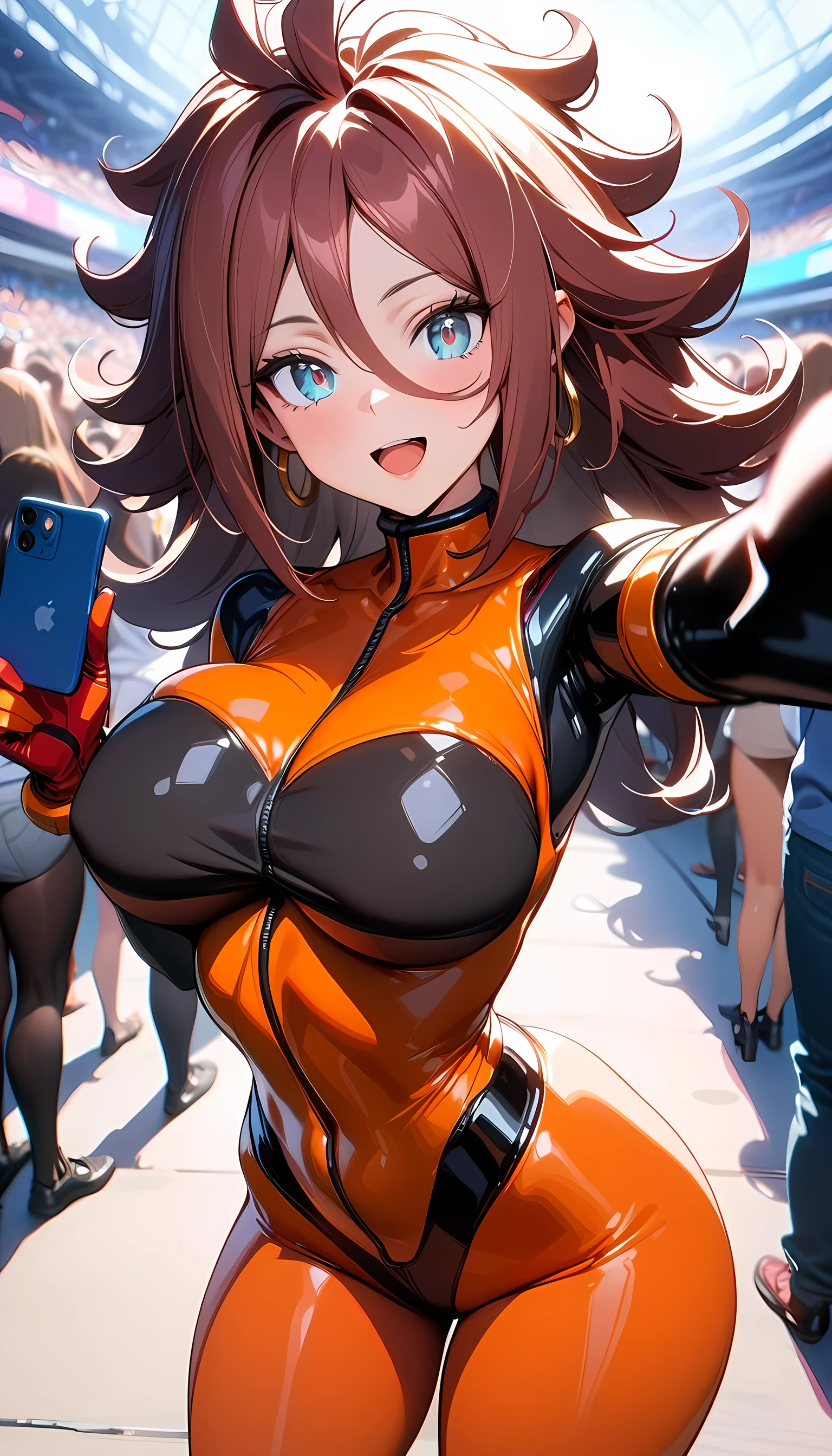 (8k, masterpiece), high resolution, high quality (best quality), android 21, Eva-02 pilot suit, taking a selfie with fans, several girls, crowd, :d, spectacular dynamic lighting, beautiful eyes, delicate face, detailed skin, detailed breasts, vivid colors,