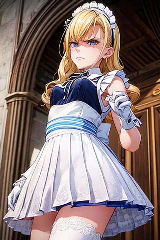 ((masterpiece, best quality)), (1girl), ((mature female)), ((maid)), (maid dress), fenniA, lace-trimmed_dress, white_single_legwear, hair_ornament, white_gloves, waist_band, blue_footwear, ribbon, iya na kao, face, dislike, angry, hate, iyanakao, in the castle, medieval, looking at viewer,from below