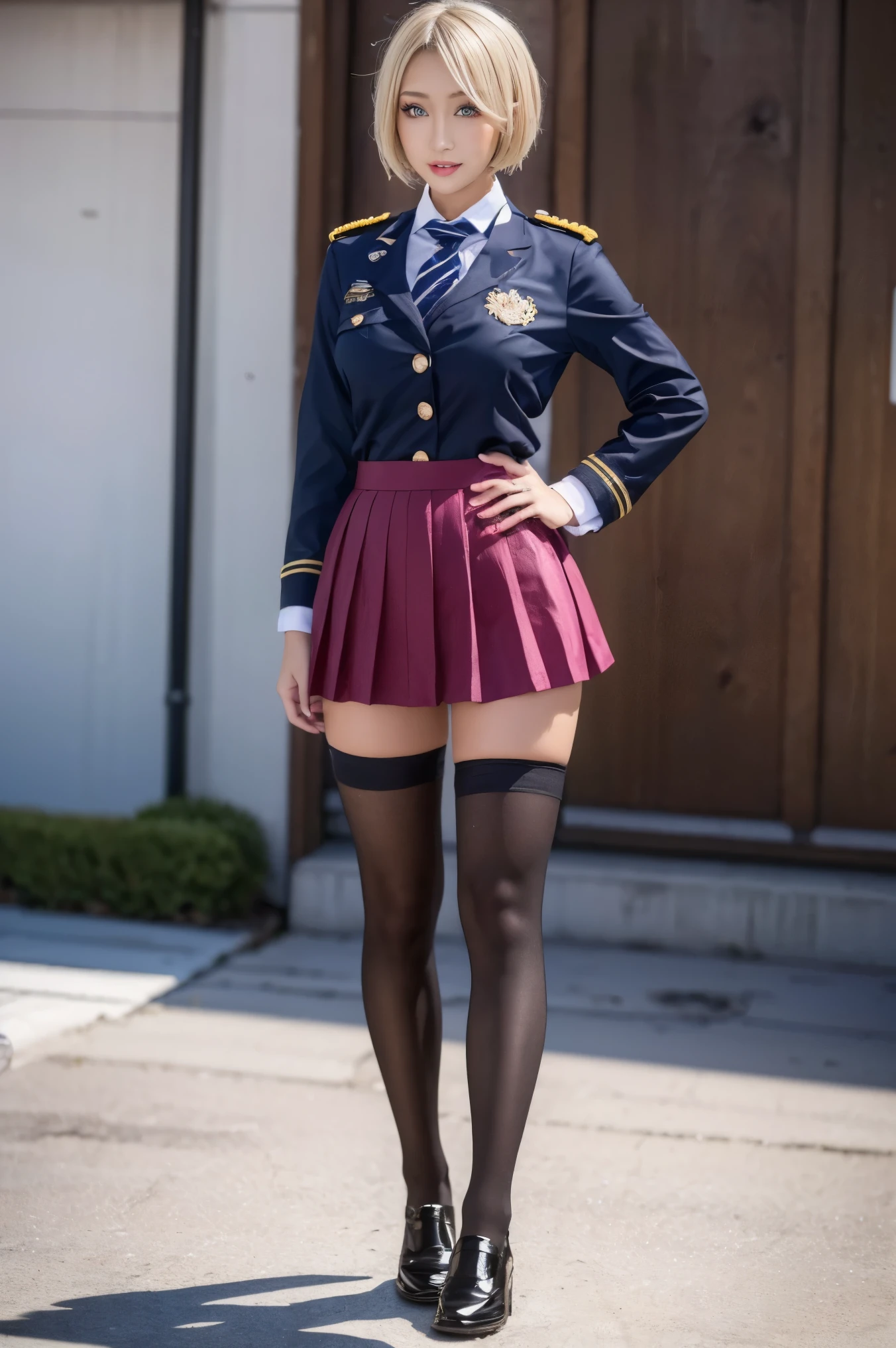 highest quality、8K、Super detailed, arafed woman In uniform posing on a wall near the water, wearing uniform, wearing a uniform, Full uniform, uniformを着用する, In uniform女の子, in uniform, JK Uniform, uniform, Full Dress Uniform, uniformを着て, Blue Uniform, In uniform, Perfect military calm, Wear a general\Uniform,((Skirt flip、No pants)),Real Photo:1.6、
