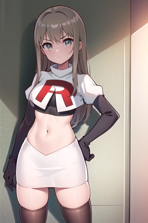 (((masterpiece))),highly detailed, ((best quality)) (highres), aki_rinco, (1girl), solo, brown_hair, eyebrows_visible_through_hair, grey_hair, looking_at_viewer, team rocket,team rocket uniform,white skirt,red letter R,crop top,black thigh-highs,black elbow gloves