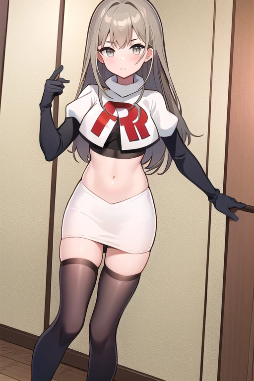 (((masterpiece))),highly detailed, ((best quality)) (highres), aki_rinco, (1girl), solo, brown_hair, eyebrows_visible_through_hair, grey_hair, looking_at_viewer, team rocket,team rocket uniform,white skirt,red letter R,crop top,black thigh-highs,black elbow gloves
