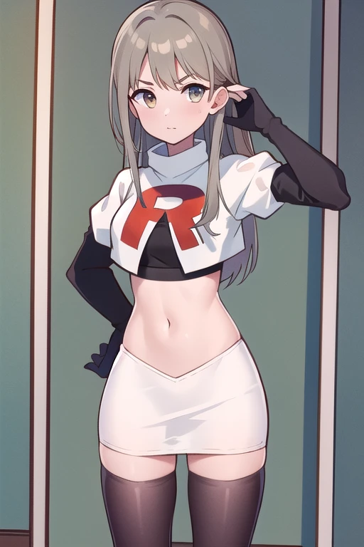 (((masterpiece))),highly detailed, ((best quality)) (highres), aki_rinco, (1girl), solo, brown_hair, eyebrows_visible_through_hair, grey_hair, looking_at_viewer, team rocket,team rocket uniform,white skirt,red letter R,crop top,black thigh-highs,black elbow gloves