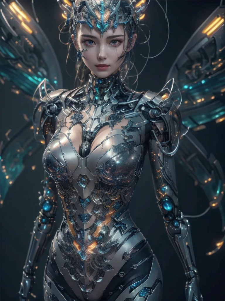 masterpiece,best quality,ultra-detailed,very detailed illustrations,extremely detailed,intricate details,highres,super complex details,extremely detailed 8k cg wallpaper,cowboy shot, caustics,reflection,ray tracing,demontheme,nebula,dark aura,cyber effect, (1girl:1.4),solo,alone,mecha musume,mechanical parts, robot joints,single mechanical arm, headgear, mechanical halo,star halo,intricate mechanical bodysuit, mecha corset, kimono, full armor, very long hair,white hair, hair between eyes, multicolored hair, colored inner hair, red eyes,glowing eye,eye trail, random expressions,random action, ancient japanese architecture,pond, starry sky,skyline,