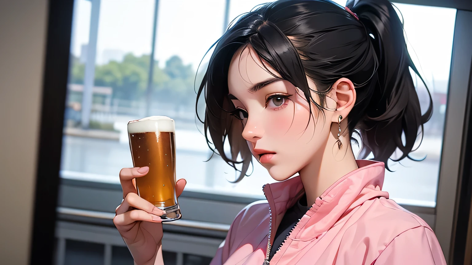 Best quality, ((Masterpiece)), (Realistic), A woman, Beer garden, Drinking beer was delicious, Hot and sweaty, Place it next to her face, closing her eyes, 1woman, Sour face, green shirt, food, Solo, Open shirt, Lace shirt, Floral shirt, colorful skirt, Mini skirt, Piva