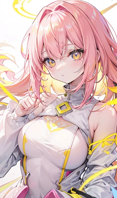 Pale pink-yellow with glowing hair and pupils,It also has fluorescence,Shiny pink A, yellow and white colors,Very soft and radiant face,It also emits fluorescence,The whole thing is shining,She's a kind girl.