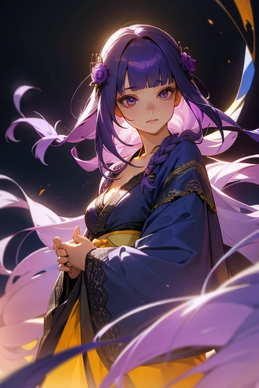 1 girl, Blunt bangs, Braiding, Wide sleeves, hair ornaments, kimono, Yellow and navy lace、(Purple Hair:1.2), Very long hair, Straight hair, Looking at the audience, Highly detailed background, (Realistic:1.2), Beautiful Eyes, Red eyeshadow, Written boundary depth,thigh, (Ulzzang-6500:0.7), Upper Body, (alone:1.2), Cleavage, Shiny skin、Hair blowing in the wind、Four fingers, One thumb、Rose、Shoulder Bare、