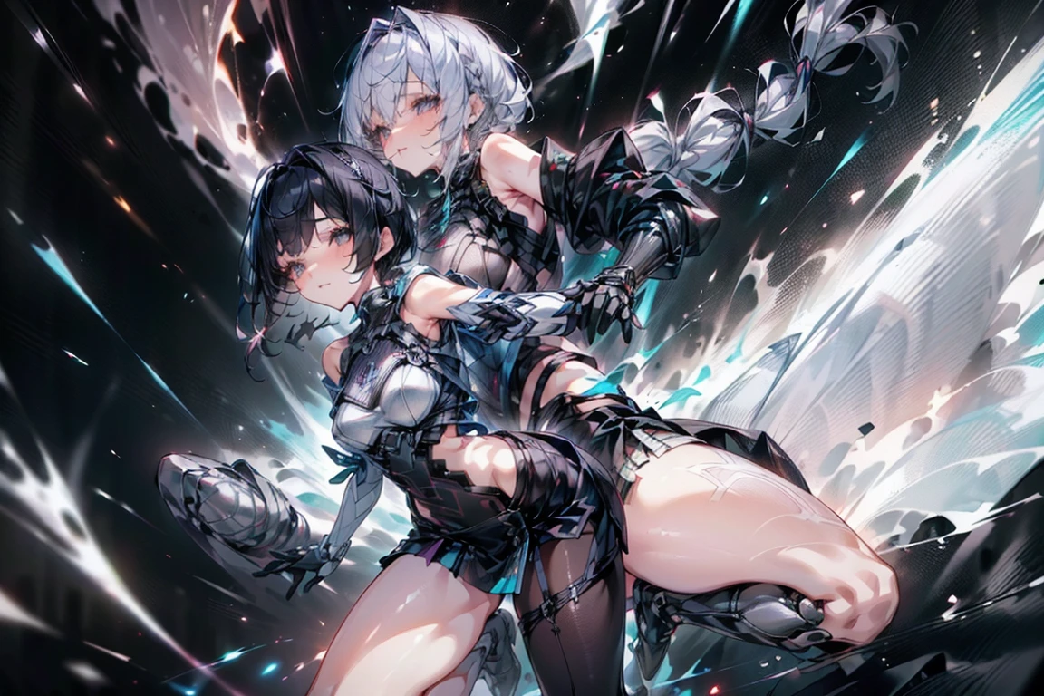 ((Masterpiece, top quality, high resolution)), ((highly detailed CG unified 8K wallpaper)), (huge stunning goddess shot, very hot and sexy, jaw-dropping beauty, perfect proportions, beautiful body, slim body beauty:1.1), cryptic girl, (2 Girls, Black clothes, White clothes, Black short Hair, silver long hair, fight side by side:1.3), (A girl with long silver hair in a braid and short black hair), biomechanical breastplate, cybersuits, wearing shiny breastplate, shiny plastic armor, oppai cyberpunk, twin long braid, white_long gloves, shiny hi tech armor, black-white skintight suits, ((wearing techwear and armor, black shiny armor, Armor on bare skin, long gloves, Bare shoulders, black miniskirt, thighs, shiny armor)), dynamic pose, two girls, (Confident smiles:1.3),
