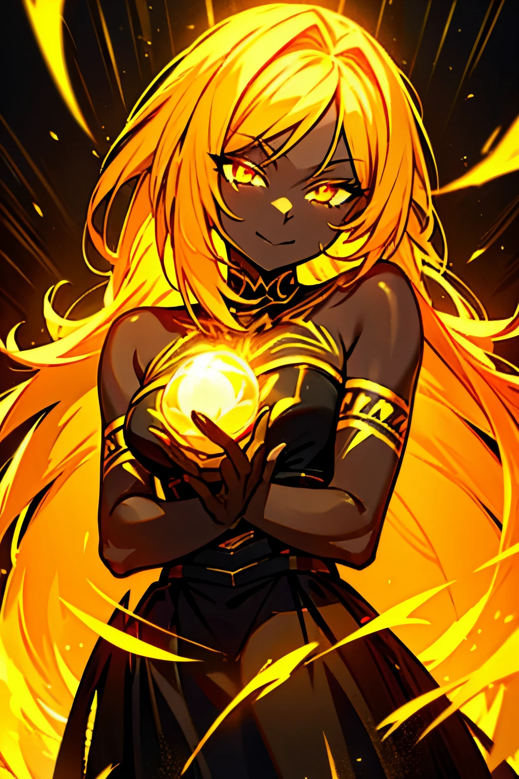 black skin, anime woman, happy, glowing gold eyes, glowing gold tattoos, medium length glowing gold hair, wearing a black dress