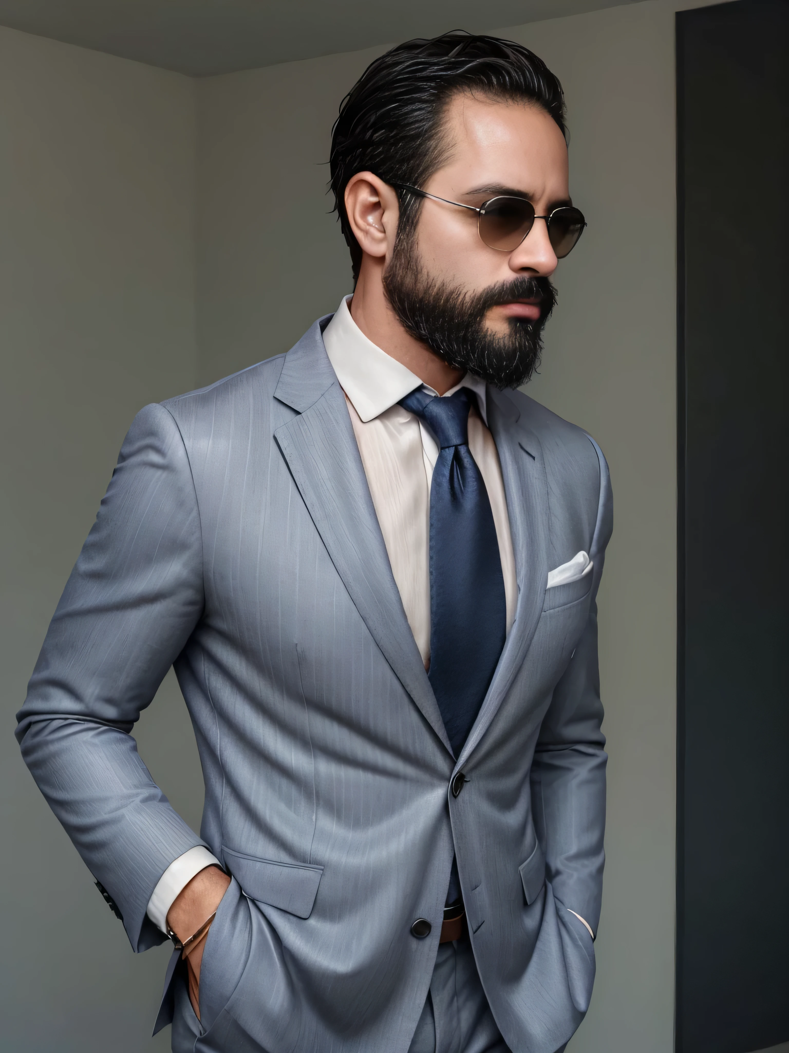 A 38-year-old man with a neatly groomed beard and stylish sunglasses. He is dressed in an elegant, tailored suit, featuring a sharp blazer and a crisp dress shirt. The blazer is a deep navy blue with subtle pinstripes, and the shirt is a classic white with a slight sheen. He wears a pocket square that matches the blazer, adding a touch of sophistication. The man is also wearing a sleek, silver wristwatch. His hair is neatly styled, complementing his overall polished look. The background is blurred to keep the focus on the man's upper body, capturing his confident and refined appearance. The image should be a medium shot, highlighting the man's upper body in great detail.