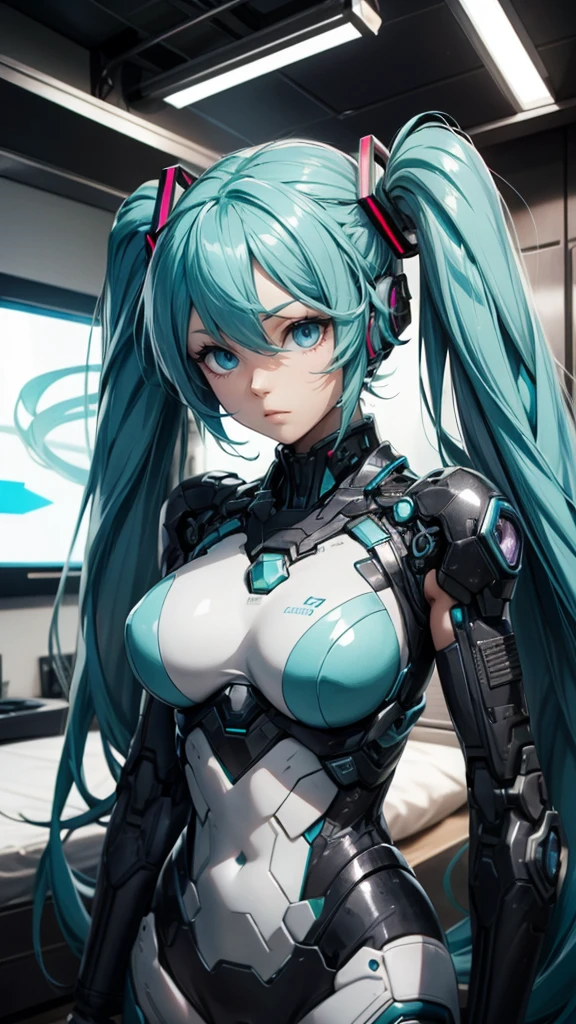 Hatsune Miku Vocaloid, Twin Tails, Light Blue Eyes, Light Blue Hair, Bod ysuit, (mecha girl), Cyber punk, Ultimate Physical Beauty, Beautiful Eyes, big breasts, embarrassed look , bedroom, Bigchest, 8K CG, Top Quality, Best Image Quality,