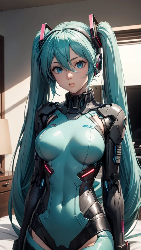 Hatsune Miku Vocaloid, Twin Tails, Light Blue Eyes, Light Blue Hair, Bod ysuit, (mecha girl), Cyber punk, Ultimate Physical Beauty, Beautiful Eyes, big breasts, embarrassed look , bedroom, Bigchest, 8K CG, Top Quality, Best Image Quality,