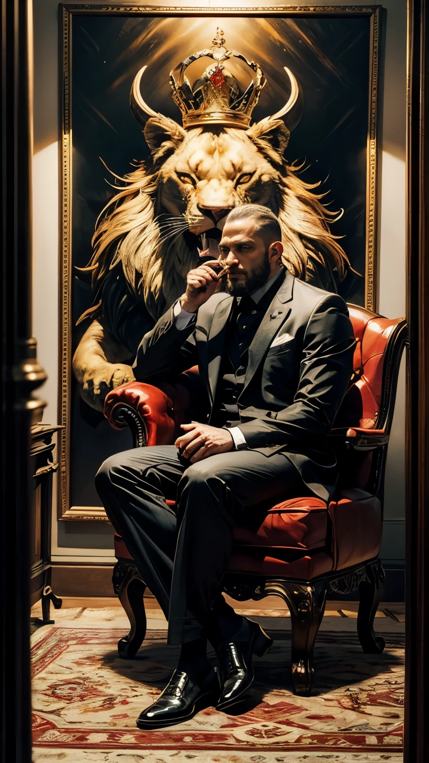 best quality, masterpiece, 8K, HD, masculine, 40 year old-man, mafia boss wearing luxurious black silk suit, sitting menacingly in a leather chair, smoking cigar in one hand, in a fancy office, painting of a roaring lion wearing a crown on the wall, framed world map, metallic ram statue, flame design carpet, vibrant colors, highly detailed, perfection, full body, fill frame,
