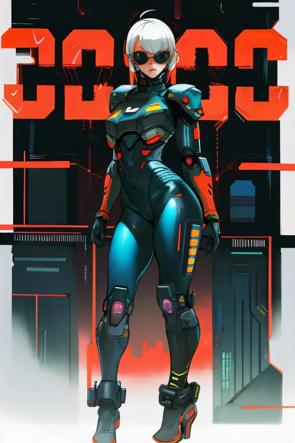 (( gray background)), (masterpiece, sidelighting, finely detailed red eyes: 1.2), ((best quality)), ((masterpiece)), (highly detailed:1.3), anime, loli girl, small chest, childish body, (bodytight shirt with spiral on breasts), cropped jacket with long sleeves, oversized jacket, (red glove on right hand, white glove on left hand, latex gloves), closed neck, pale skin, (shadowed eyes, darkened eyes), (smirk, mischevious grin), (short-medium hair, brown hair, messy haircut, hair between eyes, hairclips on left side), ((red spirals on legs, white plugsuit, glowing core on chest)), robotic legs, earrings, red tatto on left hand, circles on left hip, solo, 1girl, futuristic suit,