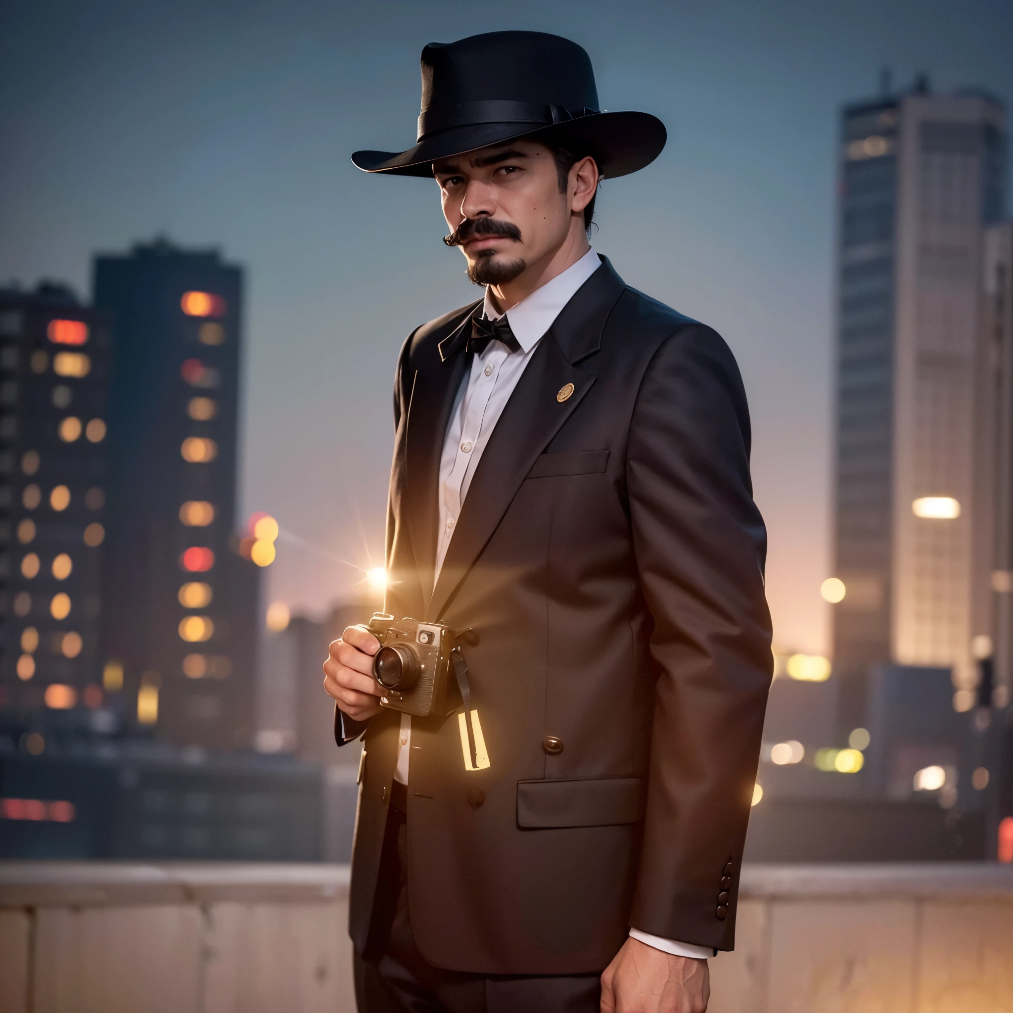 a young photographer in the 90s, wearing a suit and hat, with a mustache and goatee, in a city in Spain at night, with dark blonde hair, detailed face, ultra-detailed, photorealistic, dramatic lighting, cinematic, moody, atmospheric, beautiful city skyline, night scene, (best quality,8k,highres,masterpiece:1.2),ultra-detailed,(realistic,photorealistic,photo-realistic:1.37)