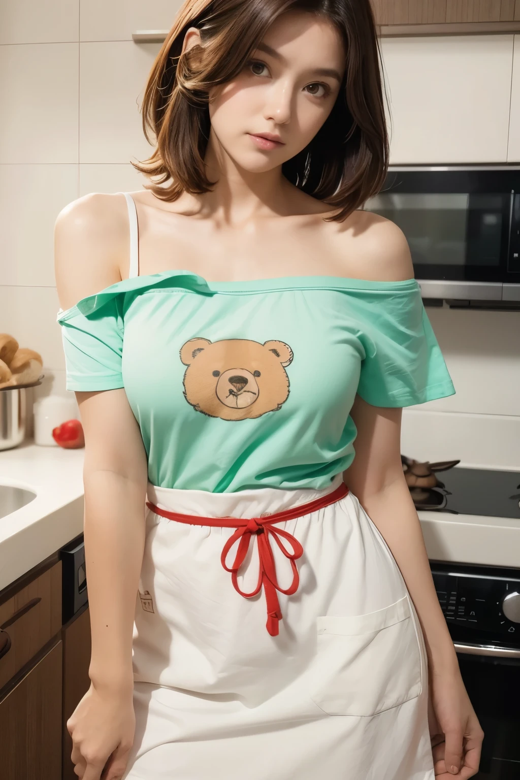 paprika, onion, chopping board, Beautiful woman wearing a teddy bear apron over an off-shoulder t-shirt, magazine pose, Mint and white kitchen, poop-haired,