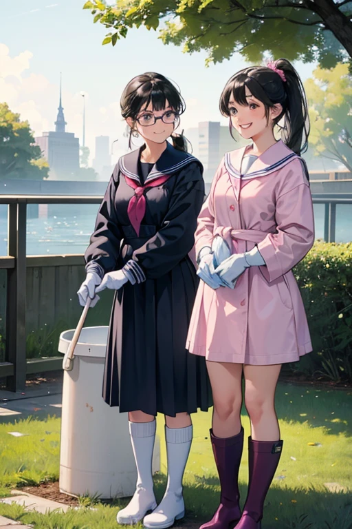 Two high school girls with glasses and black hair tied up in a ponytail, wearing navy blue long-sleeved and long-skirted sailor uniforms, wearing white rubber boots and large pink rubber gloves, smiling as they clean a dirty public toilet in a park