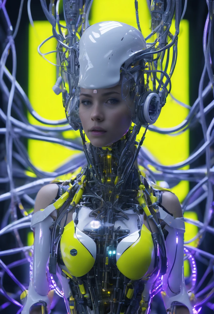 Hyper realistic photo, White female robot Goddess Gaia (((attached ti a electronic tree of life))), (((Yellow neon highlights))), Electronic Systems On-Head Humanoids, Detailed Brain in Sight, Detailed connection wire, mechanical limbs, tubes connected to the mechanical parts, mechanical vertebrae attached to the spine, mechanical cervical attachment to the neck, wires and cables connecting to the head, (((Led on a surgical Bed))), (((Cables Connecting to Monitors))) | Biopunk | Cybernetics | Cyberpunk | Purple Neon | Canon M50| 100mm| Sharp Focus | Hyperrealism | Very detailed| Intricate Details | Full Body View, small glowing LED lamps, Bright Blue Highlights, global lighting, deep shadows, Octane Rendering, 8K, Ultra Sharp, Metal, Intricate Ornament Details, baroque details, Very intricate details, realistic light, CGSoation trend, facing the camera, neon details, (android manufactory in background)