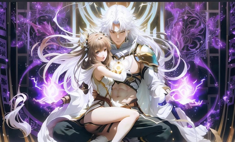 a beautiful brown-haired woman in a skimpy white tunic sitting on the lap of a white-haired wizard, ethereal anime, anime ninja scroll, genesis of aquarion, an epic anime of glowing energy emanating froma  man, top 25 fantasy anime series, anime masterpiece, white haired deity, dramatic anime, hajime yatate, anime still film anime shikishi