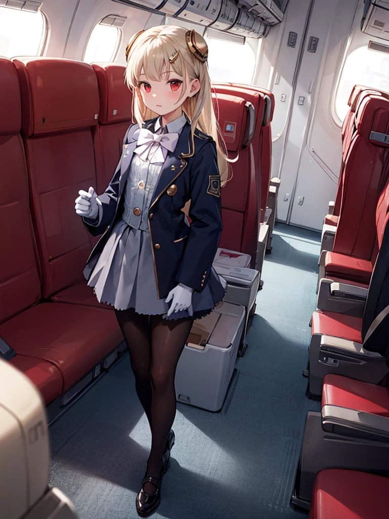 masterpiece, best quality, 1 girl, solo, 10 years old, flat chest, ingridms, hairpods, gloves, skirt, pantyhose, bow, dress, airplane interior, black pantyhose, full body,