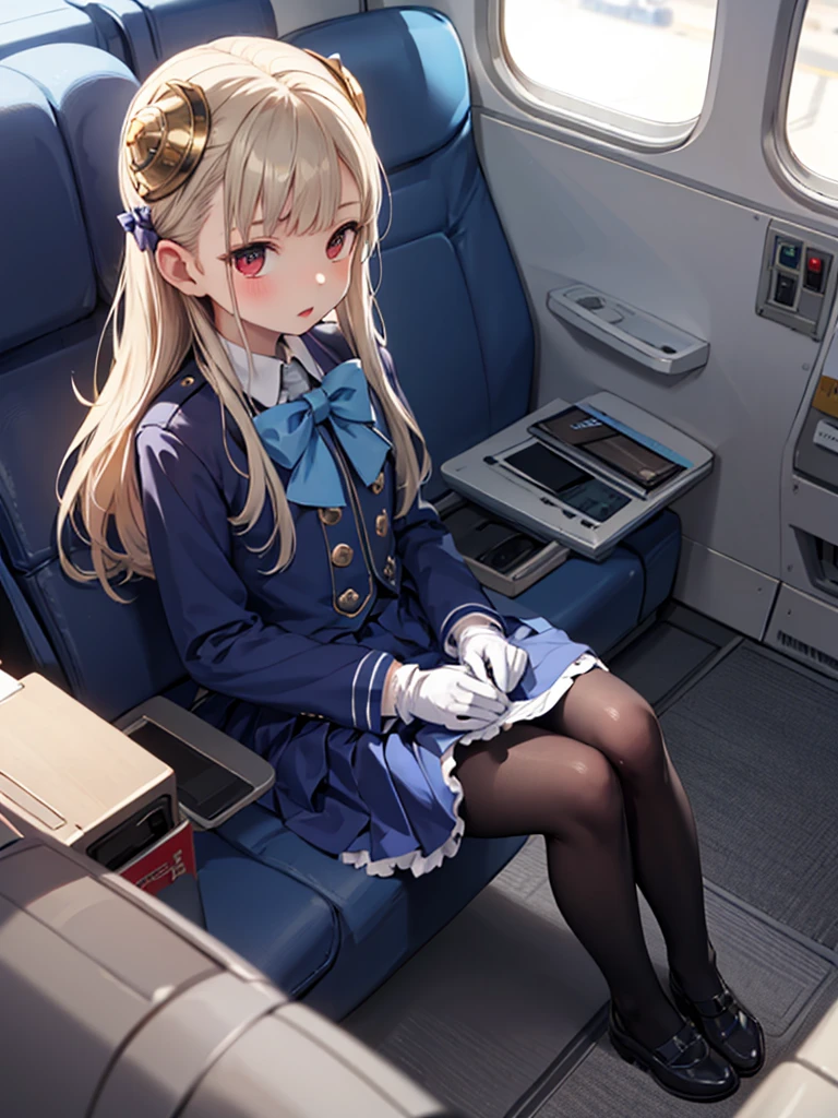 masterpiece, best quality, 1 girl, solo, 10 years old, flat chest, ingridms, hairpods, gloves, skirt, pantyhose, bow, dress, airplane interior, black pantyhose, full body,