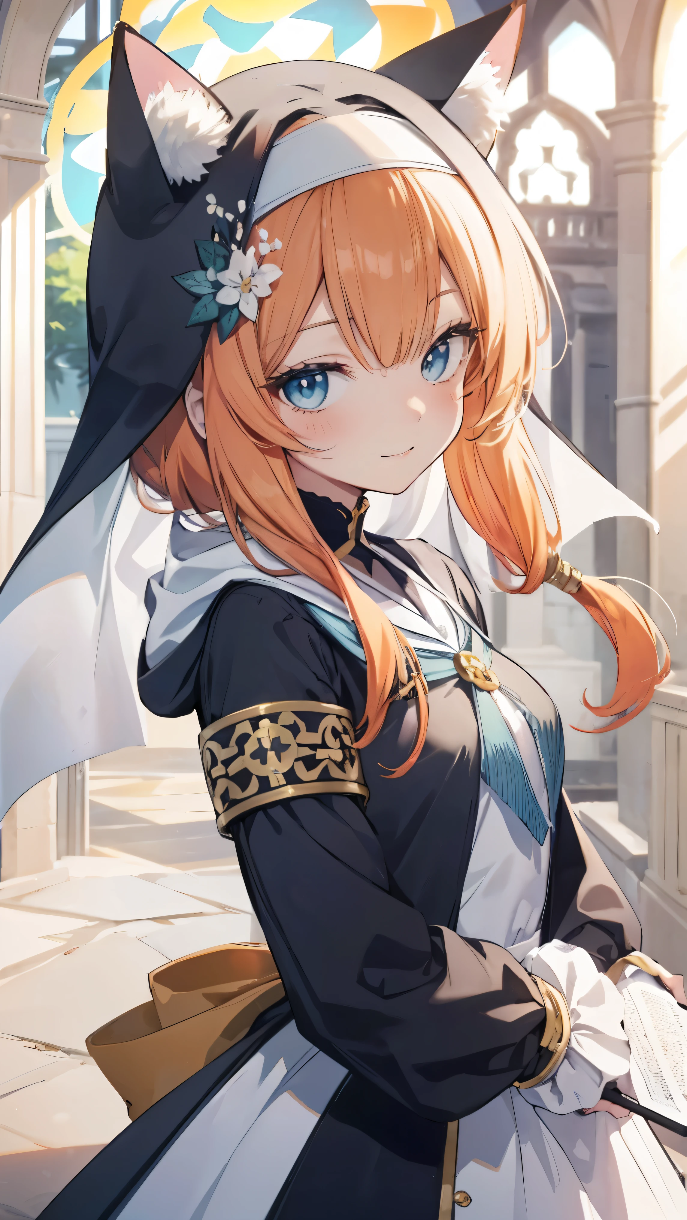 Marie、masterpiece、Best image quality、最high quality、Good looking girl (smile, Perfect Face), independent , Looking into the camera, masterpiece, Anime art style, Cute Characters, Most detailed, high quality、Shiny Hair、Very fine and beautiful bright eyes、Very detailed, clear and beautiful face, Awards, Anatomically correct、Cat ear、Orange Hair、Lolita、Small breasts、uniform、Hooded、church