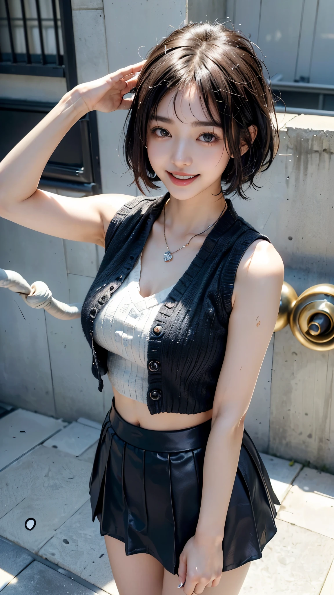 (highest quality、8k、32k、masterpiece、Hmph:1.4)、Cute Japanese Women Photos、Soft looking breasts、((I'm showing my teeth and smiling)),((Black flared mini skirt with white knit vest)),((Osaka Abeno Harukas rooftop))、(Short hair with blue ribbon))、necklace、Dynamic Shadows、Wet shiny hair、Shine,