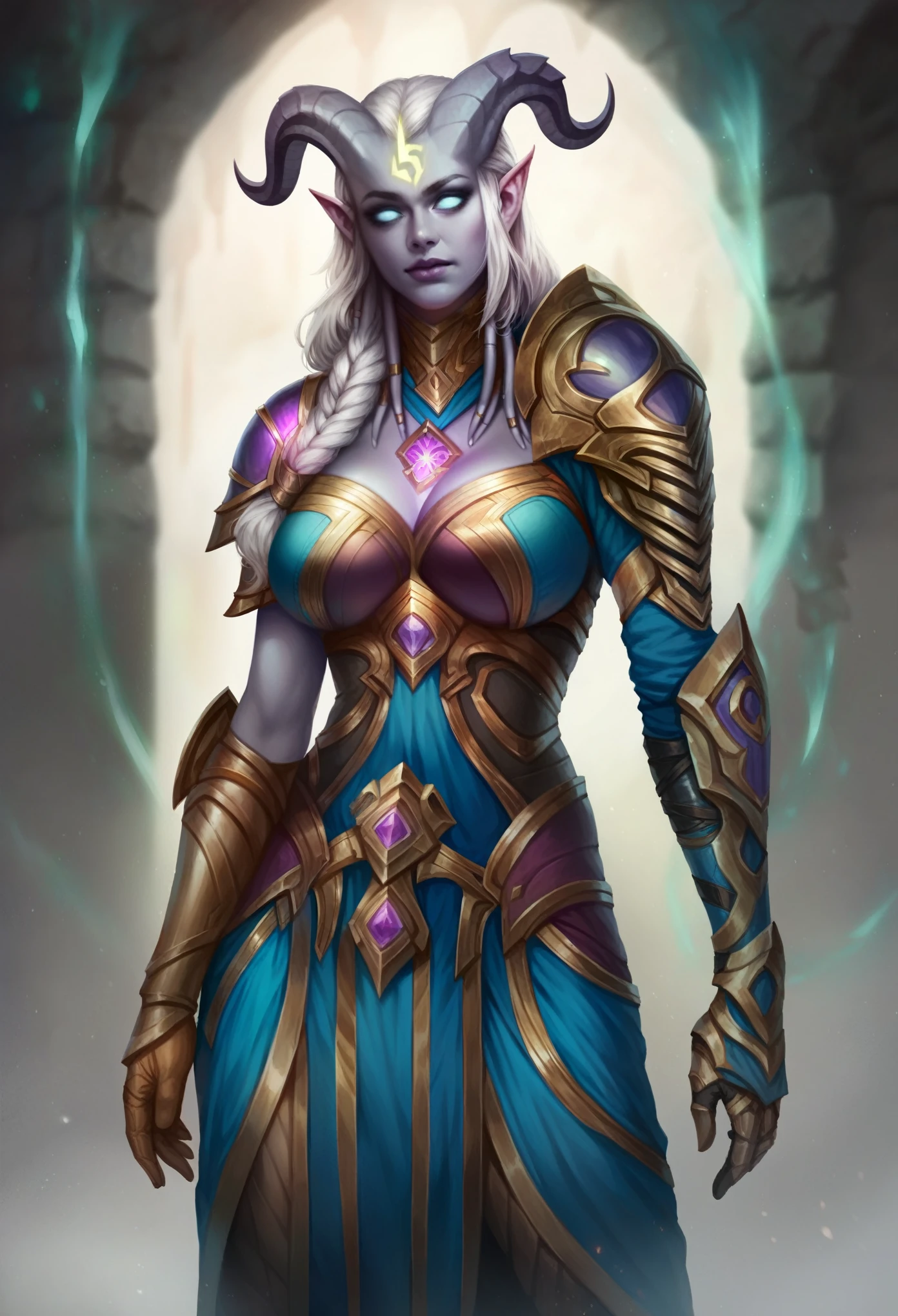 score_8_up, score_7_up, fullbody shot of beautiful lightforged draenei paladin girl, long white hair, single braid, heavy armor with purple gems, big shoulder pads, grey skin, ornate horns, glowing rune on forehead, big breasts, fantasy, ，irmnk style, realistic