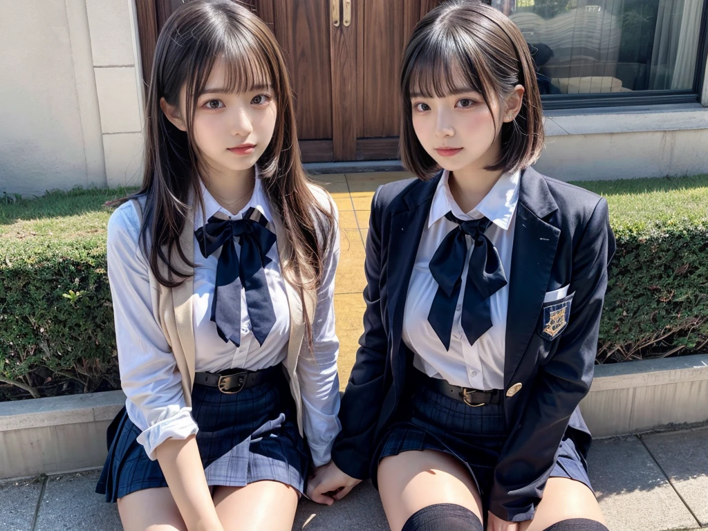 (8K, Raw photography, top-quality, masterpiece:1.2), master piece, best quality, illustration, Super detailed, fine details, High resolution, 8K,wall paper, perfect dynamic composition,(Details High quality, realistic depiction of eyes:1.3), ((2 girls, 2 schoolgirls)), The background is a luxury hotel room、High school girl uniform、blazer 、Super Short Check Uniform Skirt、Navy blue high socks、garterbelts、Colossal tits、Disturbed uniform, Play with each other,Touching each other's bodies,Touching the body of the girl next door, short bob hair, black hair color, huge breasts, Big Natural Color Lip, bold sexy pose, (perfect body shape), crying a little、cold gaze, Beautiful makeup,glitter makeup,Cutest 18 years old, beautiful legs, hposing Gravure Idol, Voluptuous thighs