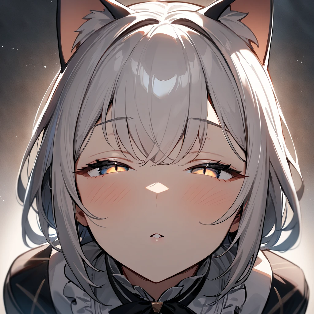 1girl,pov,portrait,Cat ear,Slit pupil,masterpiece,best quality, very aesthetic,absurdres,highlight,center frills,cat ear,medium shot,looking at viewer,half closed eyes,front view,(looking up),Parted lips,kiss,(from above),Dutch angle,straight-on,White hair,arms,imminent kiss