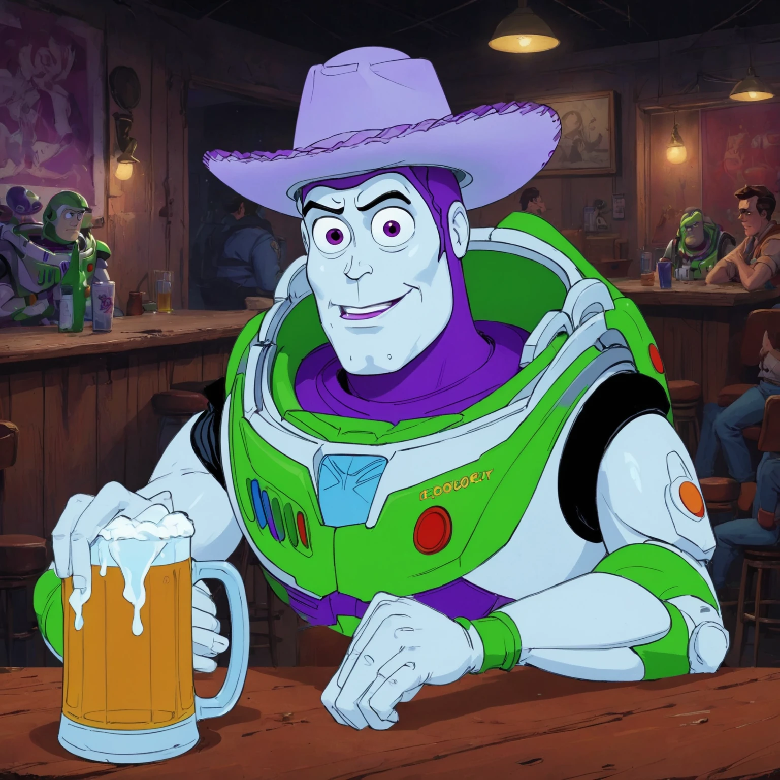 A rotoscoped hand animated cel of a screengrab of buzz lightyear, haggard, seen better days, washed up, drinking an amber beer from a frosty glass mug somberly alone at a dive bar. The scene is set in a dilapidated run down night club, and the image conveys a mix of tragic, despair, hilarious, silly, haunting, unsettling, and overwhelming dread emotions. The image is too real and harsh. Buzz is wearing an adorable tiny purple cowboy hat tied down under his chin.