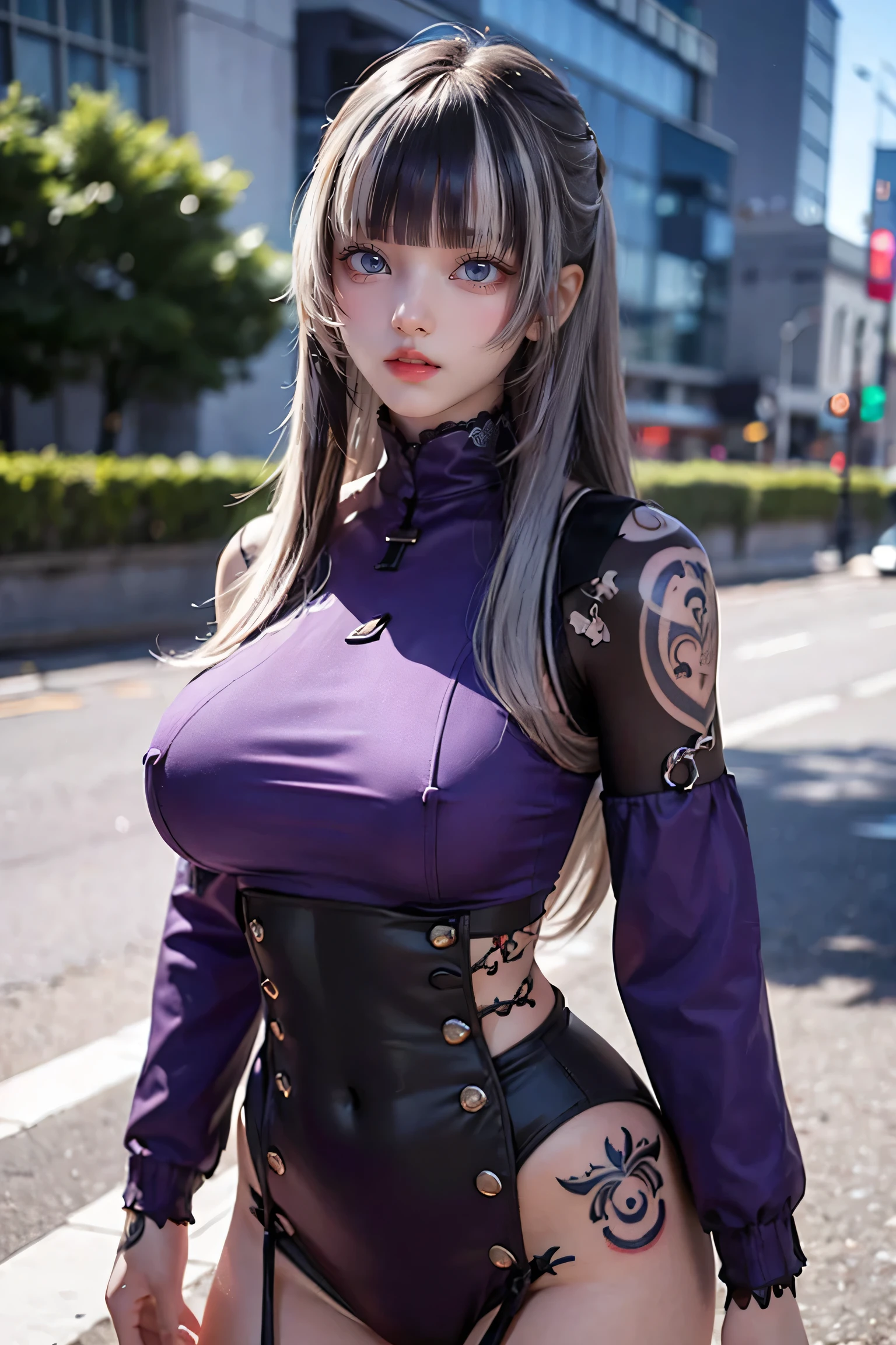 One Girl, Gray Hair, Long Hair, Techwear masterpiece, highest quality, Realistic, Dark purple jacket, Portraiture, fine grain, Platinum Hair, 21 year old girl, Fashion pose, Half Body, Wide Shot, on the road, cyber punk,(((He has many tattoos all over his body)), (((Tight waist))), ((Big Breasts)),(See through)，panties