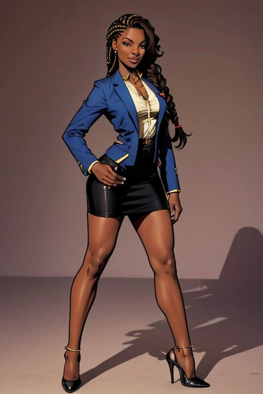 (full body:1;4), Beautiful 19 yo African woman. Fit, tall, perfect ass, shapely toned legs. Long braided hair. Friendly smile. Blazer, blouse, pencil skirt, stiletto heel.