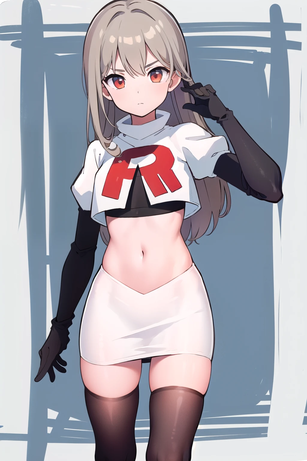 (((masterpiece))),highly detailed, ((best quality)) (highres), aki_rinco, (1girl), solo, brown_hair, eyebrows_visible_through_hair, grey_hair, looking_at_viewer, team rocket,team rocket uniform,white skirt,red letter R,crop top,black thigh-highs,black elbow gloves