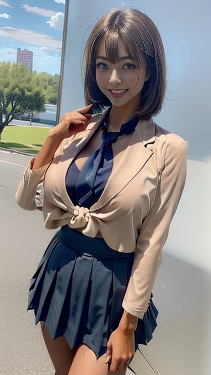 top-quality、Top image quality、​masterpiece、fully body photo、18yo woman、Dark brown shorthair、bangss、((Schoolgirl Uniform))、 ((no-bra、Puffy nipple、))、soft boob、breasts of medium size,、Kamimei、 Shy laughter、school classrooms、sit a chair、Flip the skirt with your hands、Show panties、((Grasp your breasts with both hands over your clothes、open one's legs、Open both knees))