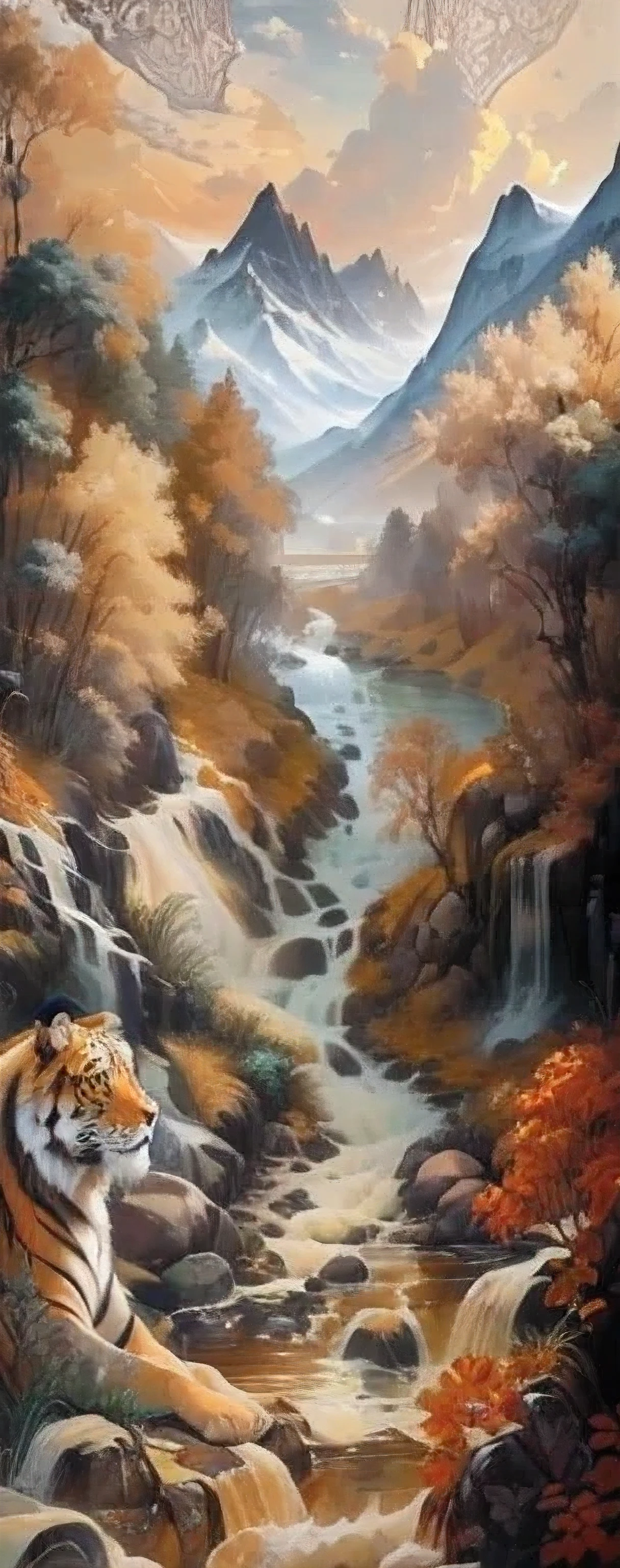 A painting of a tiger and a lion in a river, Landscape Art Detail, Intricately beautiful paintings, Beautiful and complex painting, Intricate landscape, Unique and intricate painting, Detailed 4k, Intricate fantasy painting, Complex and detailed, very intricate art, Extremely sophisticated, Superb and complex artwork, Detailed 4k , Detailed Dreams, very detailed art,{The right proportions},