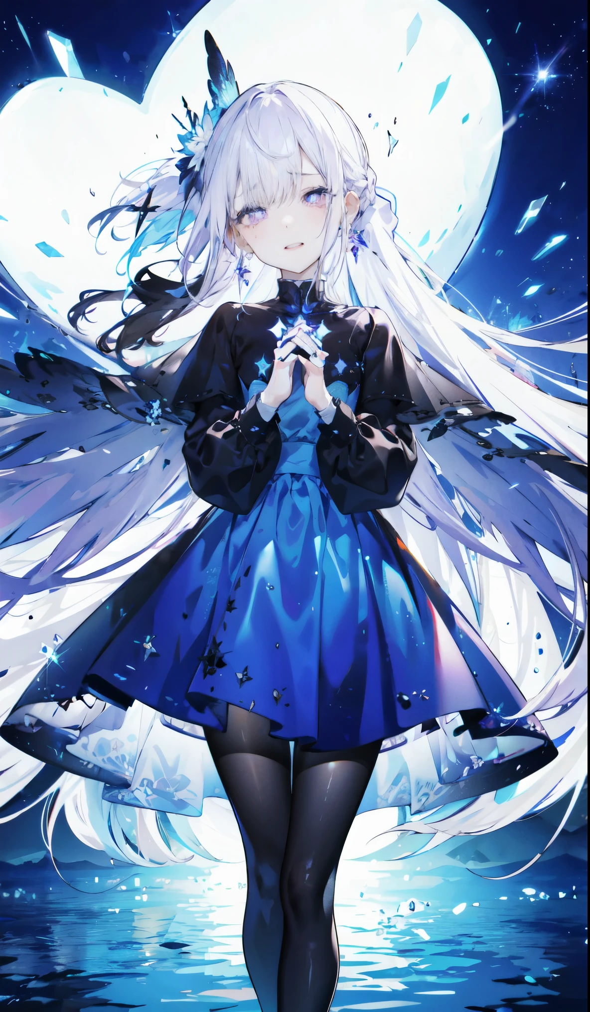 ((masterpiece:1.4,best quality)),(Super detailed),(Extremely detailed eyes),(Black leggings,Shiny socks:1.5),Hello Darkness
(Cute girls),15 years old,(Blood-red pupils,Diamond-shaped pupil:1.15),Purple Eyeshadow,(Elongated hair,Thick hair,Single ponytail,shiny hair:1.5)(Variza:1.2),Fair skin,despair,Grief,Empty eyes,Tears streaming down my face,tilt head to one side,Kneel down
(She wears blue armor,A blue dress,:1.5),(blue gloves:1.4)Very long plush sleeves,Chained hands,White,White Cloud,Dream bubbles ,Black nails,Ice and glitter effects
(Black long skirt:1.1),
(dawn:1.2),
(Intense black and white:1.16),(Depth of Field:1.4),,Intricate details,(Sky background,Standing on the lake)