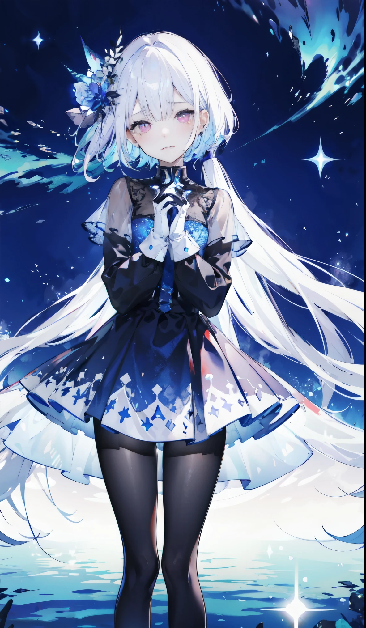 （（masterpiece：1.4，best quality）），（Super detailed），（Extremely detailed eyes），（Black leggings，Shiny socks：1.5），Hello Darkness
（Cute girls），15 years old，（Blood-red pupils，Diamond-shaped pupil：1.15），Purple Eyeshadow，（Elongated hair，Thick hair，Single ponytail，shiny hair：1.5）（Variza：1.2），Fair skin，despair，Grief，Empty eyes，Tears streaming down my face，tilt head to one side，Kneel down
（She wears blue armor，A blue dress，：1.5），（blue gloves：1.4）Very long plush sleeves，Chained hands，White，White Cloud，Dream bubbles ，Black nails，Ice and glitter effects
（Black long skirt：1.1），
（dawn：1.2），
（Intense black and white：1.16），（Depth of Field：1.4），，Intricate details，(Sky background，Standing on the lake)