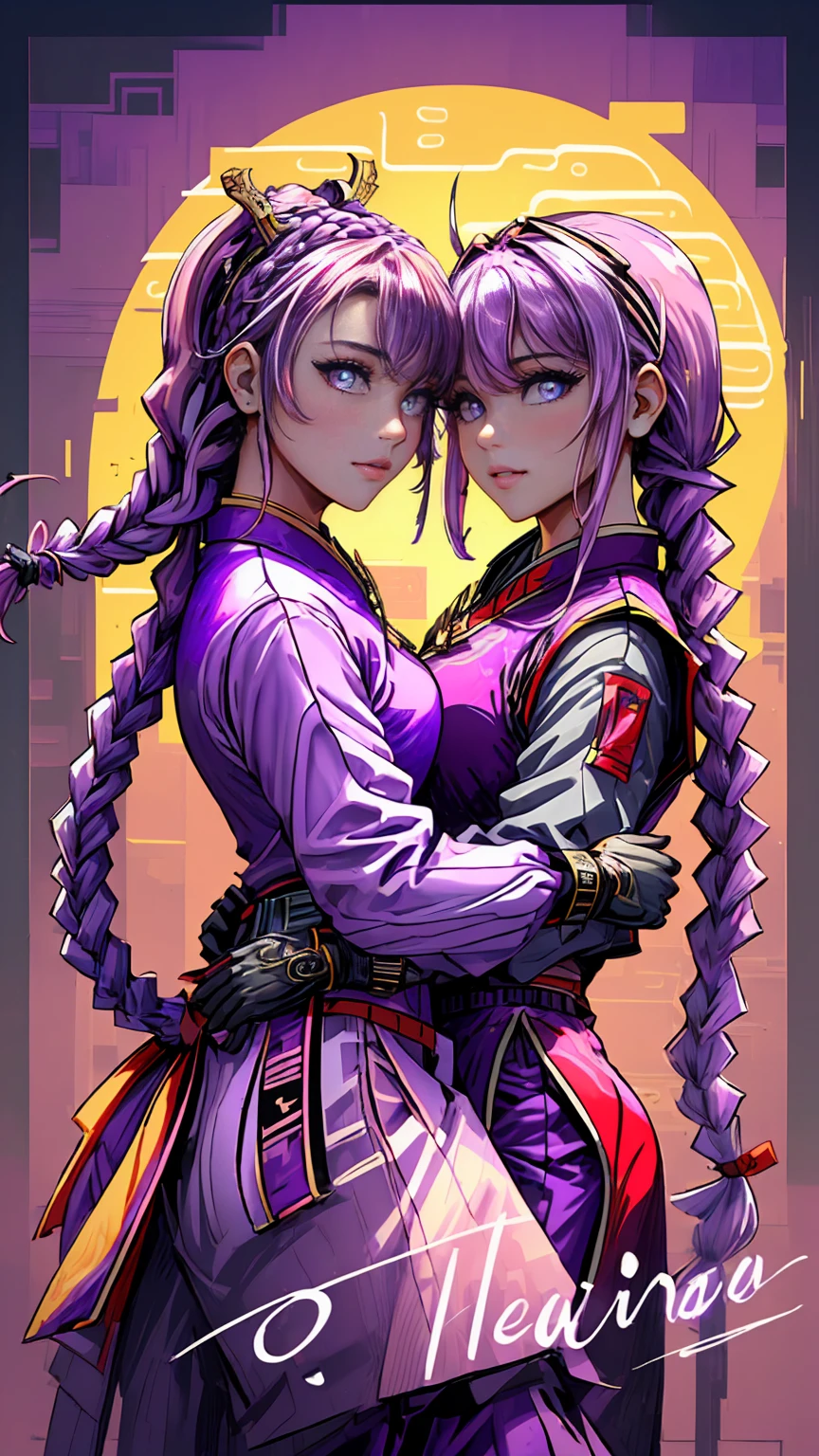 (athletic body:1.3) , Beautiful, Detailed portrait, official art , medium breast ,wallapaper ,ART DIGITAL , HDR , 8K , vivid colours , medium brest ,(masterpiece:1.2) , purple eyes , adult teenager with(Purple White Gradient Long Hair white ponytail braided hair:1.4), (wearing a purple red futuristic style outfit), with white evening gloves, white long pants and purple futuristic skirt, in the beautiful new year chinese sky:1.2, with her , high quality , high details , at a night , Chinese festival in the garden of a beautiful traditional Chinese temple , lake backgroud ,beautiful detailed face , expressions ,style cyberpunk , high details , scam ,((twins womans leaning dance and happily)) , (beautiful Chinese festival dragon in the background:1.2)