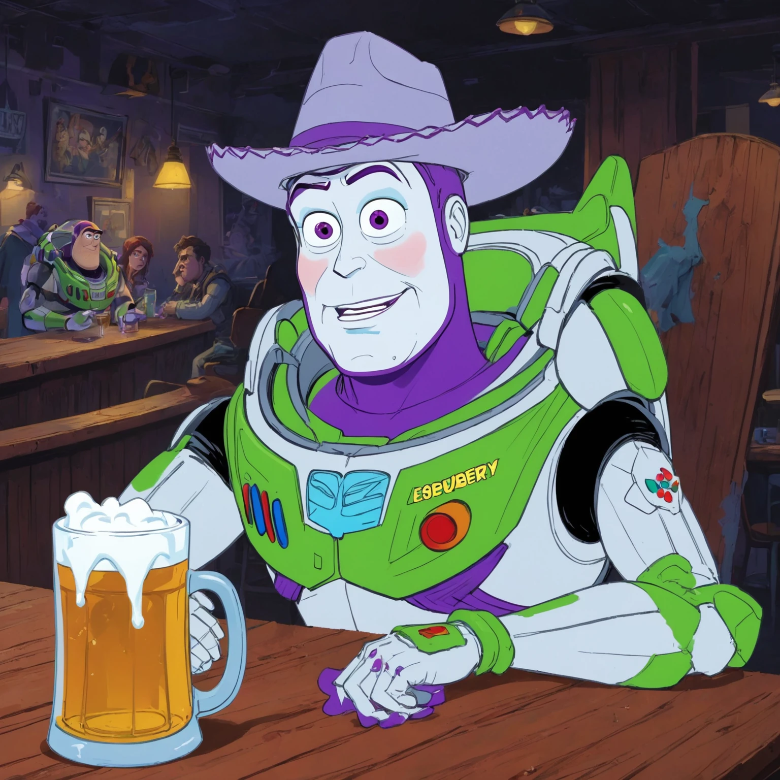 A rotoscoped hand animated cel of a screengrab of buzz lightyear, haggard, seen better days, washed up, drinking an amber beer from a frosty glass mug somberly alone at a dive bar. The scene is set in a dilapidated run down night club, and the image conveys a mix of tragic, despair, hilarious, silly, haunting, unsettling, and overwhelming dread emotions. The image is too real and harsh. Buzz is wearing an adorable tiny purple cowboy hat tied down under his chin.