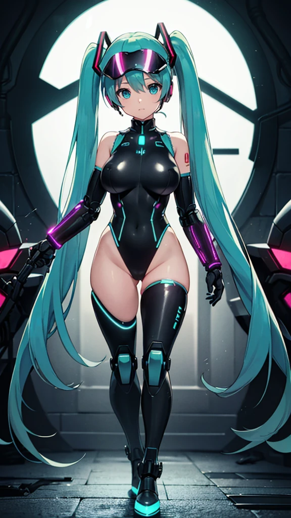 1girl, solo, (hatsune miku), big breasts, aqua hair, aqua eyes, twintails, heavy cybernetic boots, heavy cybernetic gauntlets, heavy cybernetic leotard, high heels, (heavy cybernetic visor:1.1), cybernetic face mask, cybernetic armor plating, mechanical parts, determined, glowing neon, thrusters, armor cooling vents, android, science fiction, motorcycle, mobile suit, good_face:0.8