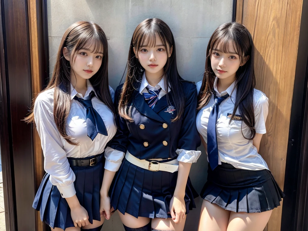 (8K, Raw photography, top-quality, masterpiece:1.2), master piece, best quality, illustration, Super detailed, fine details, High resolution, 8K,wall paper, perfect dynamic composition,(Details High quality, realistic depiction of eyes:1.3), ((2 girls, 2 schoolgirls)), The background is a luxury hotel room、High school girl uniform、blazer 、Super Short Check Uniform Skirt、Navy blue high socks、garterbelts、Colossal tits、Disturbed uniform, Play with each other,Touching each other's bodies,Touching the body of the girl next door, short bob hair, black hair color, huge breasts, Big Natural Color Lip, bold sexy pose, (perfect body shape), crying a little、cold gaze, Beautiful makeup,glitter makeup,Cutest 18 years old, beautiful legs, hposing Gravure Idol, Voluptuous thighs