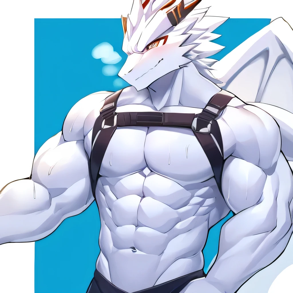 Thin macho　white dragon　　abs　　　　Hollow abs　　　thick arms　　　chest rig　　　、sweaty　　　skin glow　　profile　　Wearily　short of breath　　clenching one&#39;s back teeth　　Knees on the floor　　rubber suit