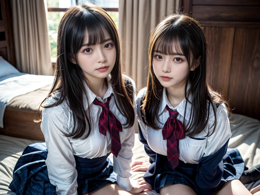 (8K, Raw photography, top-quality, masterpiece:1.2), master piece, best quality, illustration, Super detailed, fine details, High resolution, 8K,wall paper, perfect dynamic composition,(Details High quality, realistic depiction of eyes:1.3), ((2 girls, 2 schoolgirls)), The background is a luxury hotel room、High school girl uniform、blazer 、Super Short Check Uniform Skirt、Navy blue high socks、garterbelts、Colossal tits、Disturbed uniform, Play with each other,Touching each other's bodies,Touching the body of the girl next door, short bob hair, black hair color, huge breasts, Big Natural Color Lip, bold sexy pose, (perfect body shape), crying a little、cold gaze, Beautiful makeup,glitter makeup,Cutest 18 years old, beautiful legs, hposing Gravure Idol, Voluptuous thighs