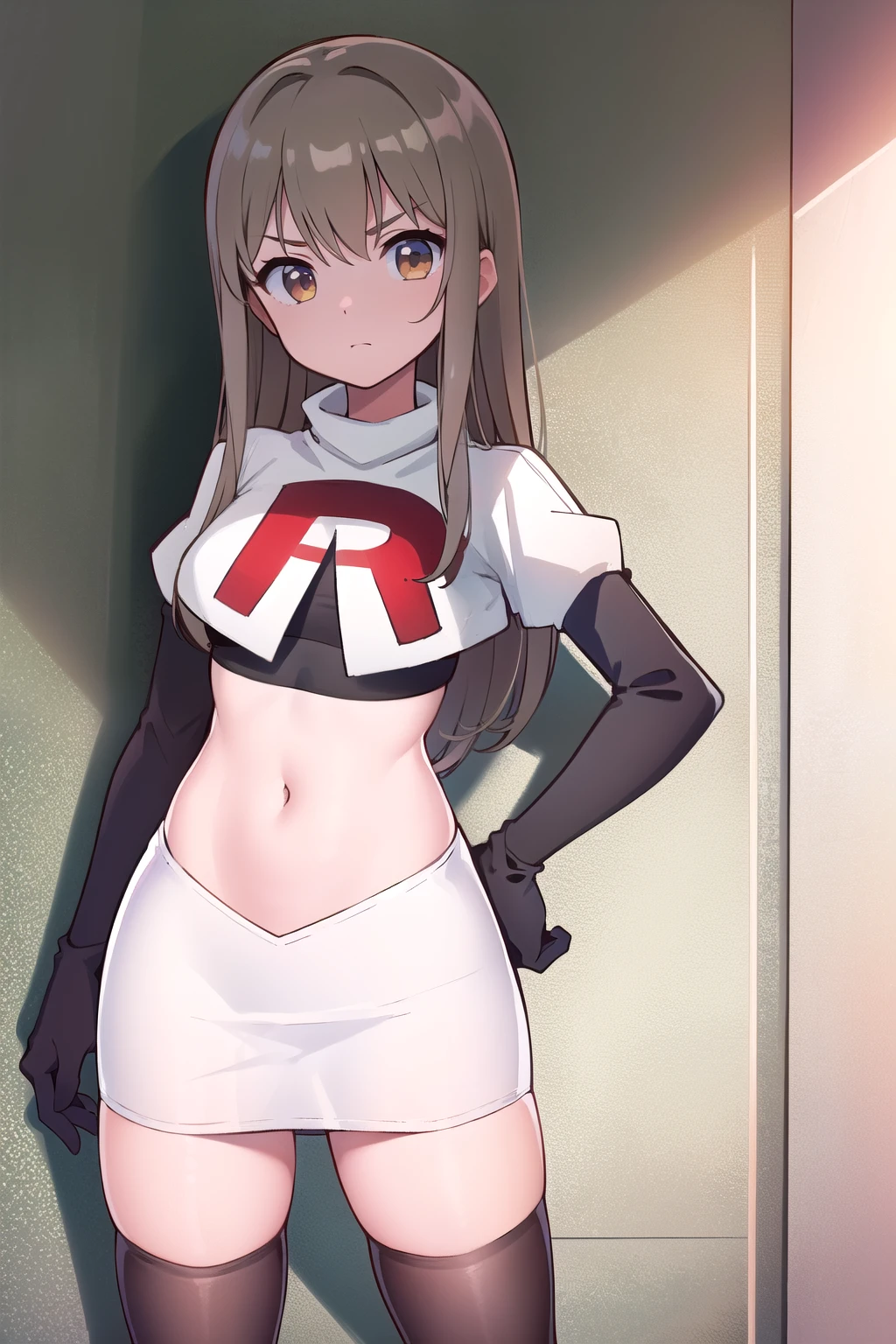(((masterpiece))),highly detailed, ((best quality)) (highres), aki_rinco, (1girl), solo, brown_hair, eyebrows_visible_through_hair, grey_hair, looking_at_viewer, team rocket,team rocket uniform,white skirt,red letter R,crop top,black thigh-highs,black elbow gloves
