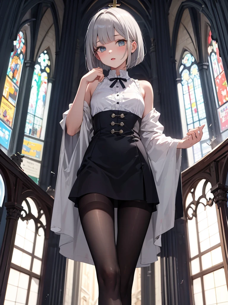 masterpiece, best quality, 1 girl, solo, 18 years old, small breasts, Perfect Face, beautiful,grey hair,  bob cut, undertaker, church, black pantyhose, looking through legs