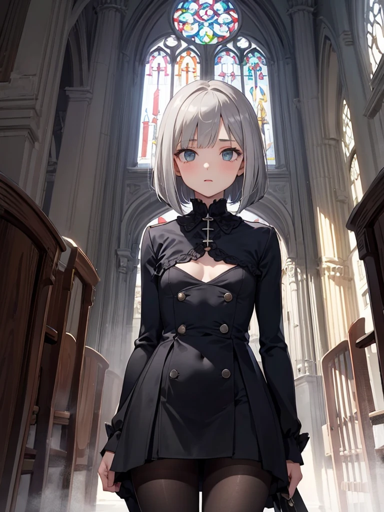 masterpiece, best quality, 1 girl, solo, 18 years old, small breasts, Perfect Face, beautiful,grey hair,  bob cut, undertaker, church, black pantyhose, looking through legs