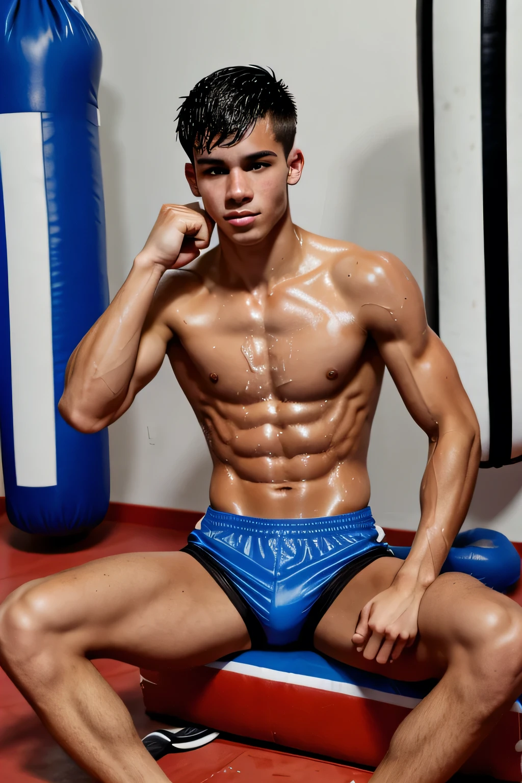 a lean skinny 18-year old shirtless caucasian male wearing blue boxing gloves, black boxing shorts, boxing shoes, messy black hair, tanned skin, sweating, drenched with sweat, sitting on the floor, inside the ring